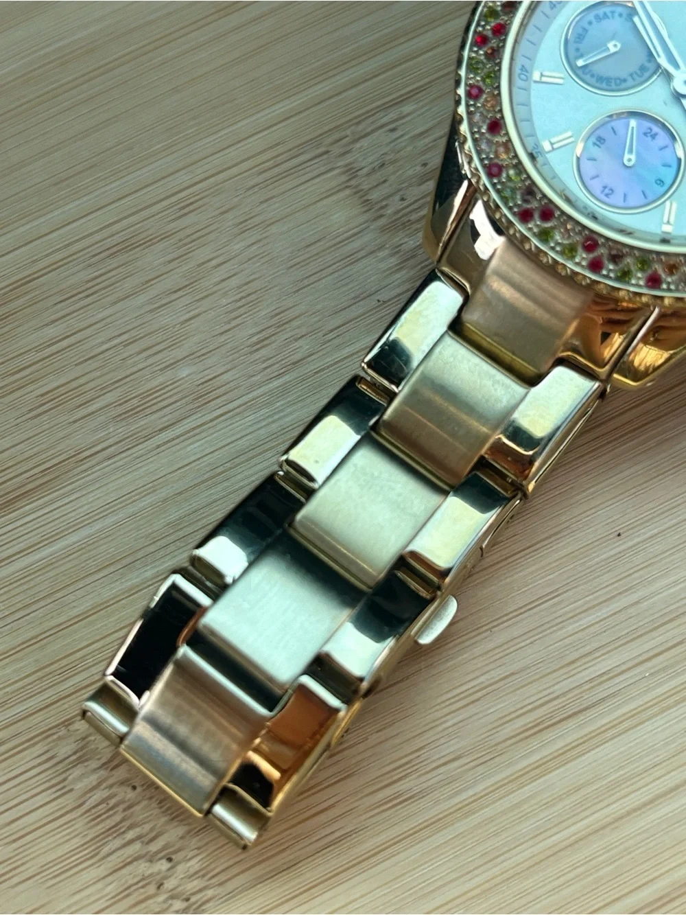 Fossil Stella Multi-Function Watch Gold Tone w/ Multicolored Crystal Stones 38mm
